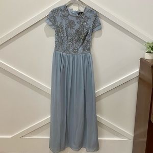 Adrianna Papell dusty blue bridesmaid dress